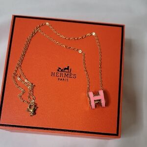 Hermes Gold Necklace with Pink H Pendant